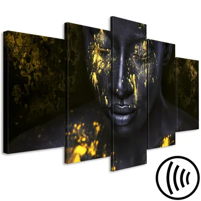 Image de Tableau acoustique Femme 200 x 100 cm Tableaux Mousse acoustique Absorbeur acoustique haute performance Isolation acoustique Toile 5 pièces Tableau mural Acoustique intérieure Isolation acoustique Visage noir et or Modèle Afrique h-B-0130-b-m