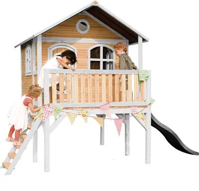 Produktbild von AXI Spielhaus Sophie mit grauer Rutsche | Stelzenhaus in Braun & Weiß aus Holz für Kinder | Spielturm mit Wellenrutsche für den Garten