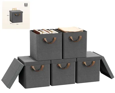 Produktbild von Kleideraufbewahrung - Faltbare Stoff-Aufbewahrungsboxen mit Deckel - 5er-Set - 26 l - Vliesstoff - Rechteckig - Grau