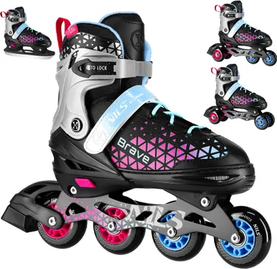 A collage of inline skates and hockey skates, with a main focus on a pair of pink and black inline skates.