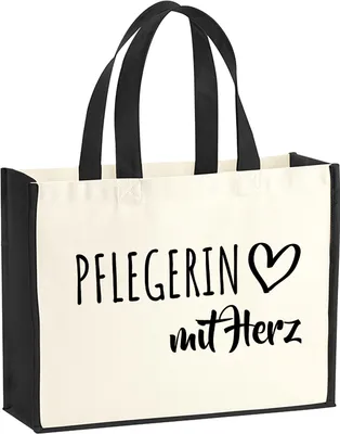 Produktbild von Huuraa Jutetasche Pflegerin mit Herz 21 Liter Black Jute und Baumwolle Einkaufstasche Geschenkidee