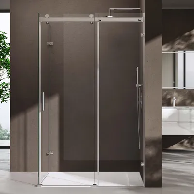 A modern bathroom with a glass shower enclosure.