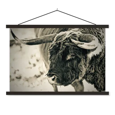 Produktbild von MuchoWow® Textilposter Schottischer Highlander - Schnee - Hörner 150x100 cm mit schwarzem Rahmen - Schlafzimmer