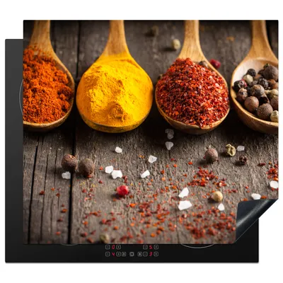 Obrázek produktu pro KitchenYeah® Krycí deska na sporák bylinky - koření - dřevo - lžíce, 59x52cm, kuchyňská dekorace, keramická krycí deska, krycí deska na varnou desku