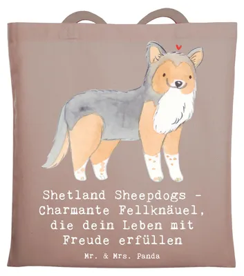 Produktbild von Mr. & Mrs. Panda Tote Bag Shetland Sheepdog Glücksbringer - Braun Pastell - Geschenk, Herz erobern, Einkaufstasche, Tasche, Hunderassen Charakter, Pflege, Schultasche