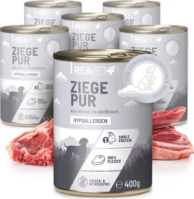 Produktbild von REAVET Premium Hunde Nassfutter - Ziege Pur 6 x 400g I Reines Muskelfleisch, Hypoallergen, ohne Getreide & Zusätze, Hundenassfutter sensitiv für Allergiker