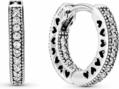A pair of Pandora hoop earrings with cubic zirconia stones and heart cutouts.