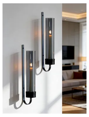 Produktbild von Wandkerzenhalter Schwarz: Metallkerzenständer mit Rauchglas für Wanddekoration - 2 Stück
