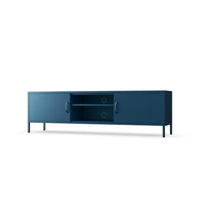 A dark blue metal TV stand with two doors and an open compartment in the middle, presented on a white background.