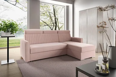 Zdjęcie produktu dla LIKMA Narożnik 213 cm Pudrowy Róż Rozkładany NELI Kształt L z Funkcją Spania (190x125 cm) i Pojemnikiem na Pościel Sofa z Regulowanymi Zagłówkami