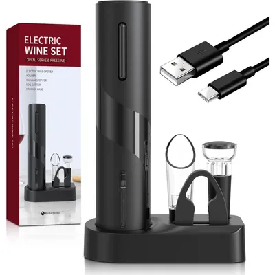 Image de Ensemble d'ouvre-bouteille électrique 5-en-1 comprenant une station de charge à batterie, un coupe-capsule, un verseur et un bouchon