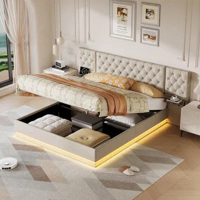Immagine prodotto di Letto imbottito ProximaX, 140x200 cm, color beige, effetto lino, con contenitore, illuminazione LED RGB e funzione di ricarica