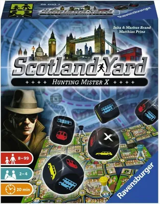 The image shows the box art for the board game Scotland Yard: Hunting Mister X, featuring iconic London landmarks and game components like dice.