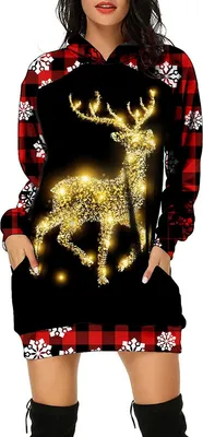 Produktbild von ASKSA Damen Rentier Print Kapuzenpullover Winter Langarm Hoodie Pullover Kleid Pulli Weihnachtskleid, H-Schwarz, S