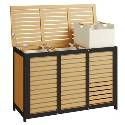 Produktbild von ADEL DREAM Wäschekorb mit Deckel aus Bambus 150L Großer Wäschebox Wäschesammler 3 Fächer Gestreiftes Design Abnehmbare, unabhängige Wäschesäcke