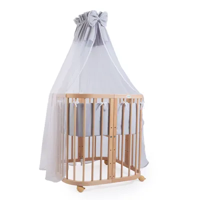 Produktbild von Mobiles Babybett aus Holz 7in1 mit Matratze, mitwachsend,Stoffe grau,Holz natur