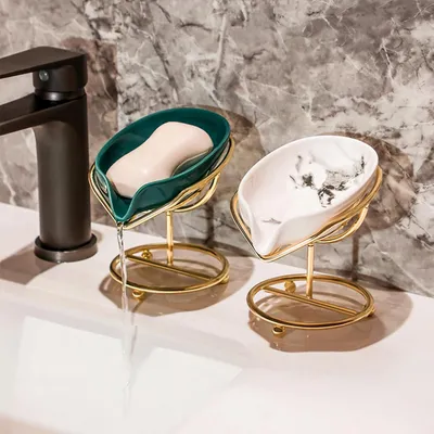 Produktbild von Set aus 2 blattf?rmigen Keramik-Seifenschalen šC selbstentleerend, Ma?e 13,5 ¡Á 8,5 cm šC Badezimmer/Kš¹che/Dusche