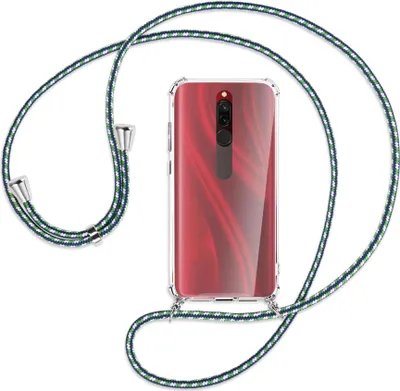 Produktbild von Handykette Backcover-Schutzhülle mit Band (Metall silberfarben) für Xiaomi Redmi 8 - grün/blau/weiß