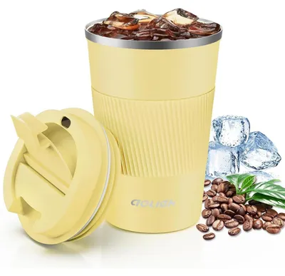 Immagine prodotto di Tazza termica per caffè, con coperchio a prova di perdite, capacità 380 ml, colore giallo, in acciaio inossidabile