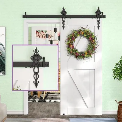 Image de Kit complet de système de porte coulissante Azomor avec motif floral et rail au sol