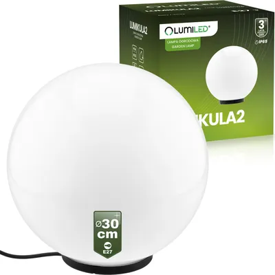 Produktbild von LUMILED Mliečne guľové svetlo 30 cm vonkajšie vonkajšie guľové svetlo guľová lampa biela záhradná guľa guľová cesta IP65 E27 zásuvka pripojovací kábel 1,3 m