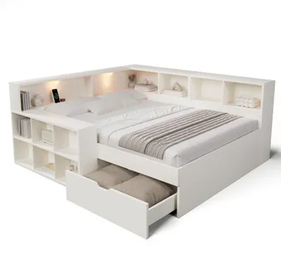 Produktbild von Bett 140x200 cm mit Stauraum & Leselicht, Holzbett Doppelbett, USB Typ-C, Schubladen & offenem Regal, Weiß, ohne Matratze