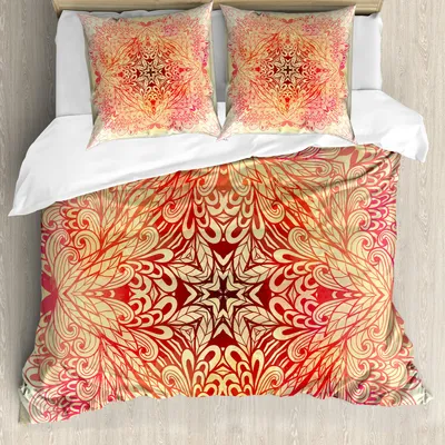 Obrázok produktu pre ABAKUHAUS Sada obliečok na posteľ Mandala, ručne kreslené kvety, víry a brečtan v štvorcovom tvare, 200 x 200 cm + 80 x 80 cm, biela, žltá, ružová