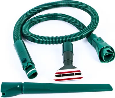 A set of vacuum cleaner attachments, including a hose and various nozzles, arranged on a white background.