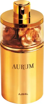 A gold perfume bottle with the brand name 'AURUM' and 'AJMAL' visible.