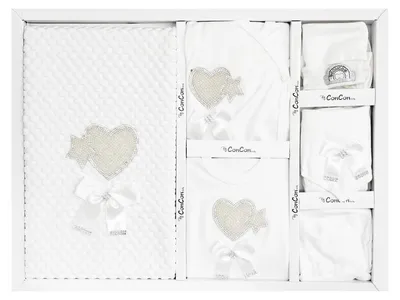 Produktbild von Herz Baby Erstausstattungspaket 10-teilig aus 100% Baumwolle - Neugeborenen Set Weiß