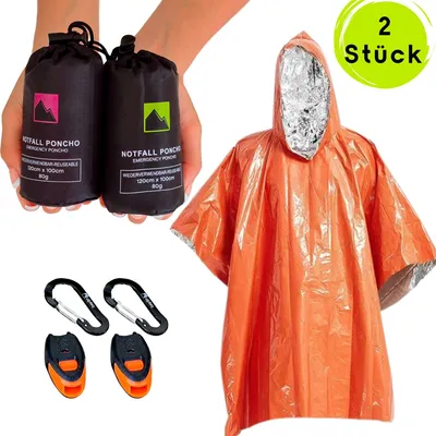 Produktbild von Alpteq® Notfall Poncho mit Kapuze & Signalpfeife | Wasserdicht, Wärmend & Reflektierend
