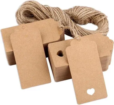 Produktbild von Harte Karton-Etiketten mit Juteband, 100 Stück, 9,5 x 4,5 cm, Beschreibbare Geschenk- und Preisetiketten, doppelseitig bedruckbar.