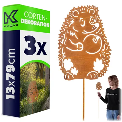 Produktbild von KADAX Gartenstecker Igel aus Cortenstahl, 13 x 79 cm, (3 Stück), Rost Deko für Garten, Edelrost Gartendekoration zum Stecken, rostige Gartendeko, Metall Roststecker