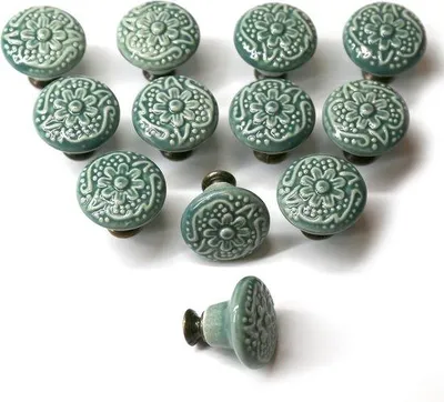Image de Poignées en céramique vintage, lot de 12, 34 mm, vertes, pour armoires et tables