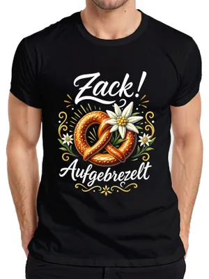 Productafbeelding van Zacht gebakken pretzel, edelweiss, traditioneel Alpendorp, heren T-shirt, leerbroek, zwart, maat XL