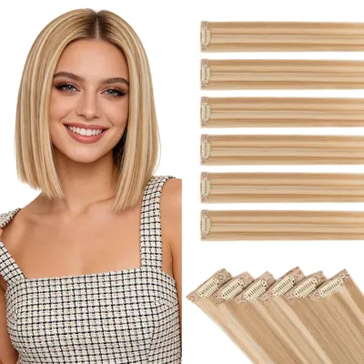 Obrázok produktu pre Clip-in predlžovanie vlasov, prírodné vlasy, 6 kusov, balayage efekty, svetlohnedá/bledundá farba (#12/613), dĺžka 45 cm, váha 44 g