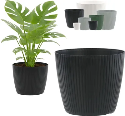 Produktbild von Blumentopf Rund, Gerillter Blumentopf, Blumenabdeckung Ø 40 cm, ein Blumentopf mit vertikalen Streifen,Blumentopf für kleine und große Blumen, Kunststoff, Dekoration für Haus und Garten, Anthrazit