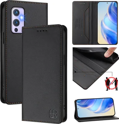 Obrázek produktu pro Kožené pouzdro pro OnePlus 9, flipové pouzdro s přihrádkami na karty, peněženkou a stojánkem Černý