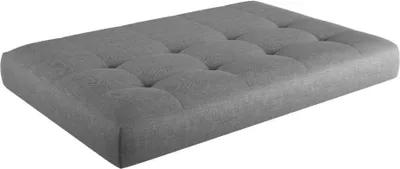 A gray tufted cushion for pallet furniture.