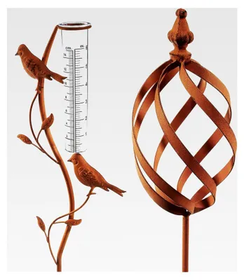 Produktbild von Gartenstecker Vogelmotiv mit Regenmesser, Set, 101 cm, Metall, Rostoptik für Garten, Terrasse, Balkon und Außenbereich