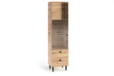 Produktbild von Vitrine LUNA II Eiche Artisan, Vitrinenschrank mit teilverglaster Tür und 2 Schubladen, Wohnzimmerschrank mit schwarzer Lamellenfront, schwarze Füße