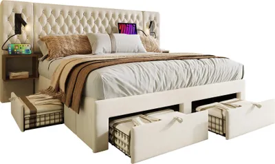 Produktbild von Polsterbett 180x200cm Doppelbett (Ohne Matratze) Hydraulisch Stauraumbett mit 2 Nachttischen und 4 Schubladen Leselicht USB Ladefunktion Beige Samt