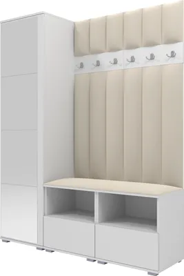 Produktbild von Garderoben-Set Nela II LUX mit Spiegel, gepolsterte Garderobe 150 cm mit Doppel-Sitzbank, Wandpaneelen und Stauraum (Farbe: Weiß + Trinity 01)