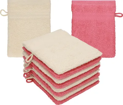 Produktbild von Betz 10 Stück Waschhandschuhe 16x21 cm PREMIUM 100% Baumwolle Farbe: sand - himbeere