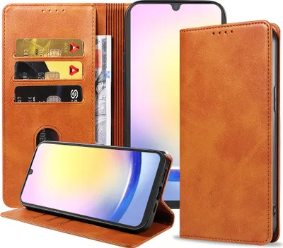 Immagine prodotto di Smartphonica Custodia per telefono adatta a Samsung Galaxy A25 in ecopelle con chiusura magnetica e portacarte a libro con patta - Marrone