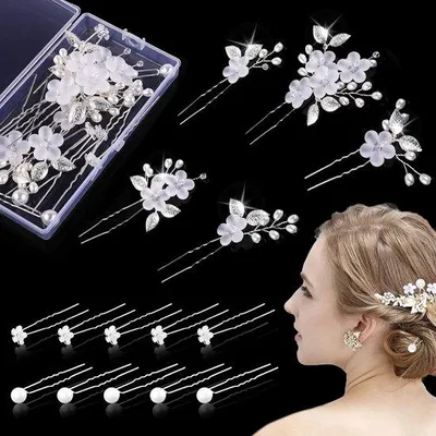 Productafbeelding van Famanu haaraccessoireset, 15-delig - met parels en bloemen, U-vormige haarspelden met strass (zilver, 3 stijlen)