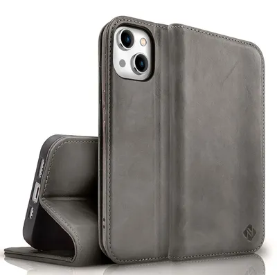 Produktbild von NALIA Echt-Leder Flipcase für iPhone 15 Hülle, Rindsleder Schutzhülle Lederhülle mit RFID-Schutz, Standfunktion Klappbar Dunkelgrau