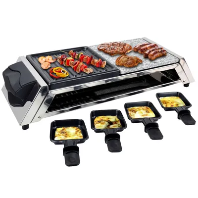Zdjęcie produktu dla Syntrox Chef Grill RAC-1200W-Genf Raclette ze stali nierdzewnej dla 8 osób z płytą grillową i gorącym kamieniem