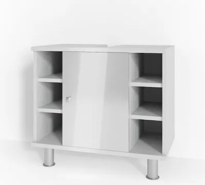 A white, high-gloss vanity unit with open shelving on the sides and a cabinet door in the center, standing on silver cylindrical legs against a white background.