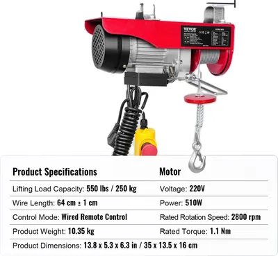 Obrázek produktu pro Elektrický zvedací jeřáb, nosnost 250 kg, motor 510 W, dálkové ovládání, kabelový 250 kg